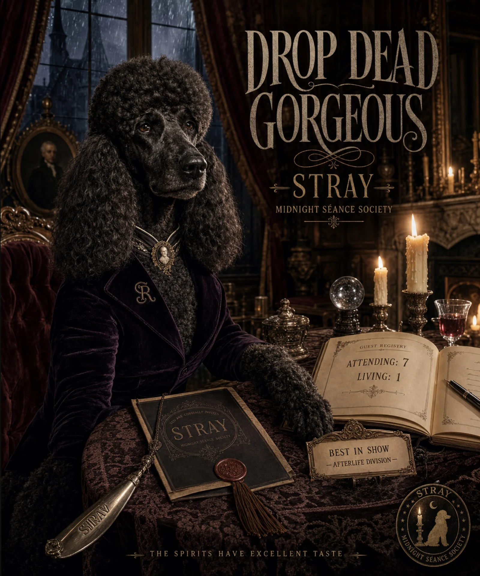 Poodle at a midnight séance society