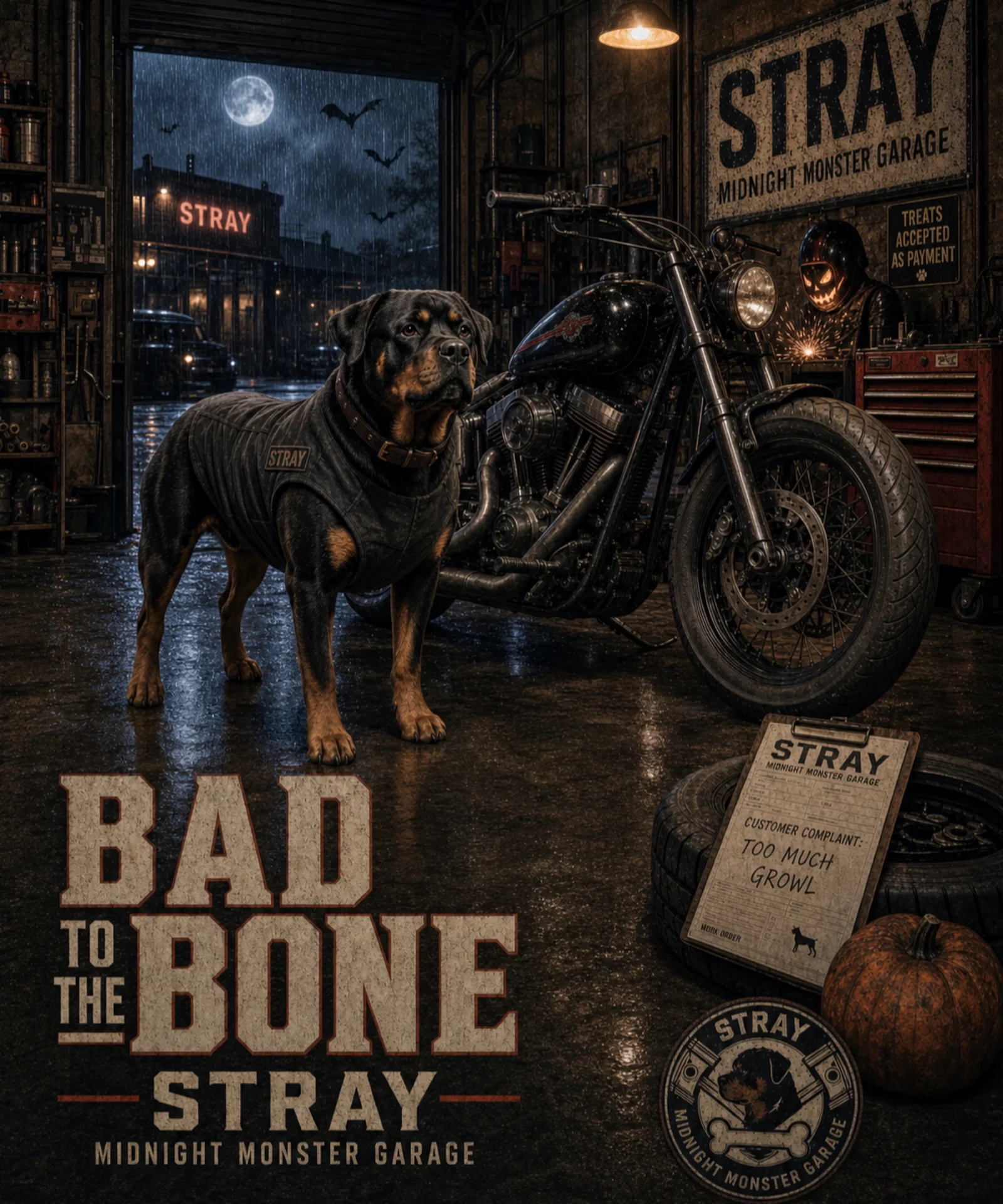 Rottweiler con motocicleta en taller nocturno
