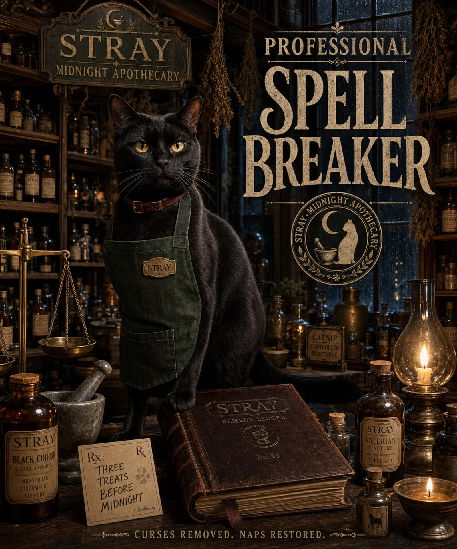 Bombay cat in a midnight apothecary