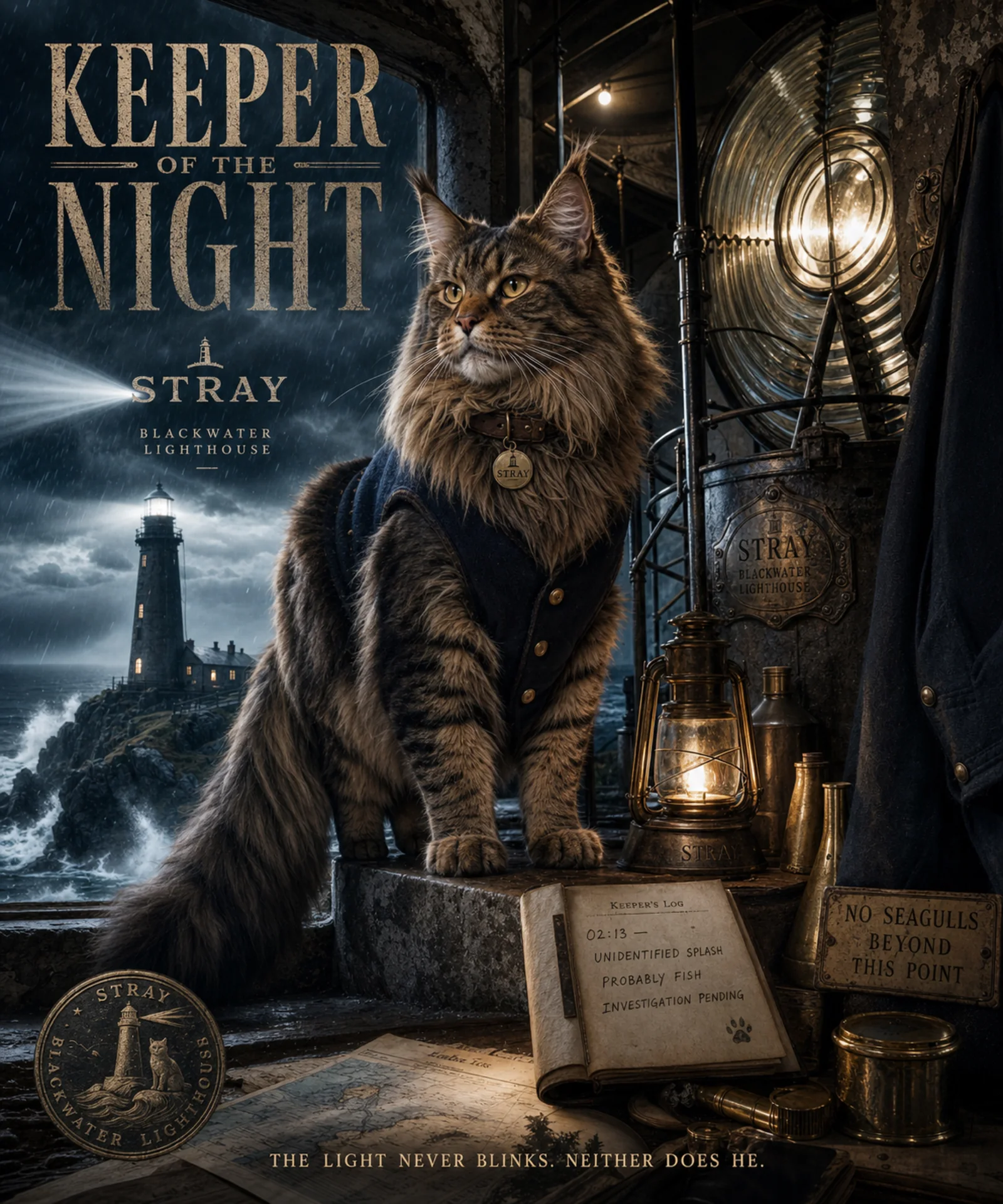 Maine Coon in a lighthouse during a storm