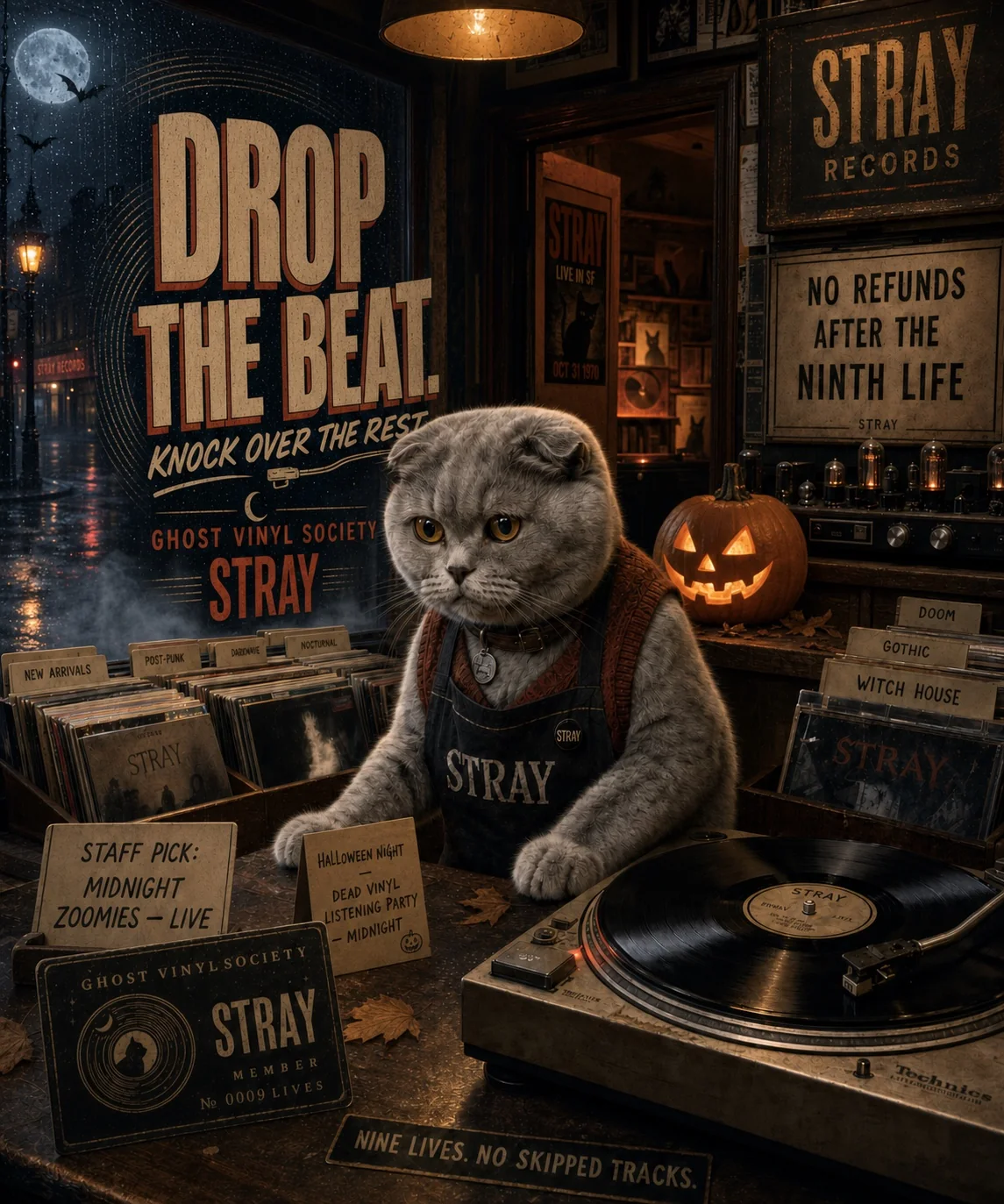 Scottish Fold in a Halloween record store