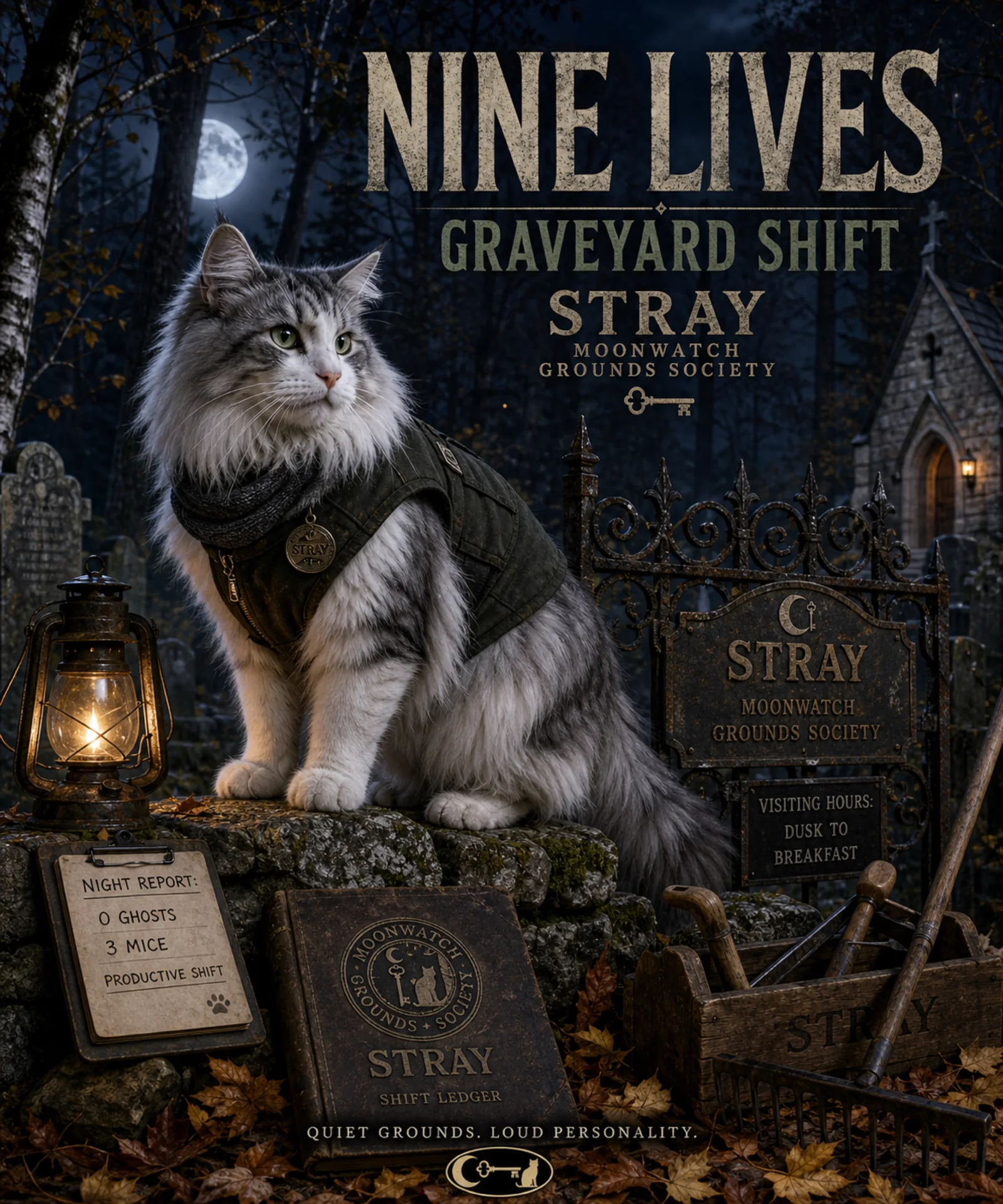 Norwegian Forest cat in a moonlit cemetery