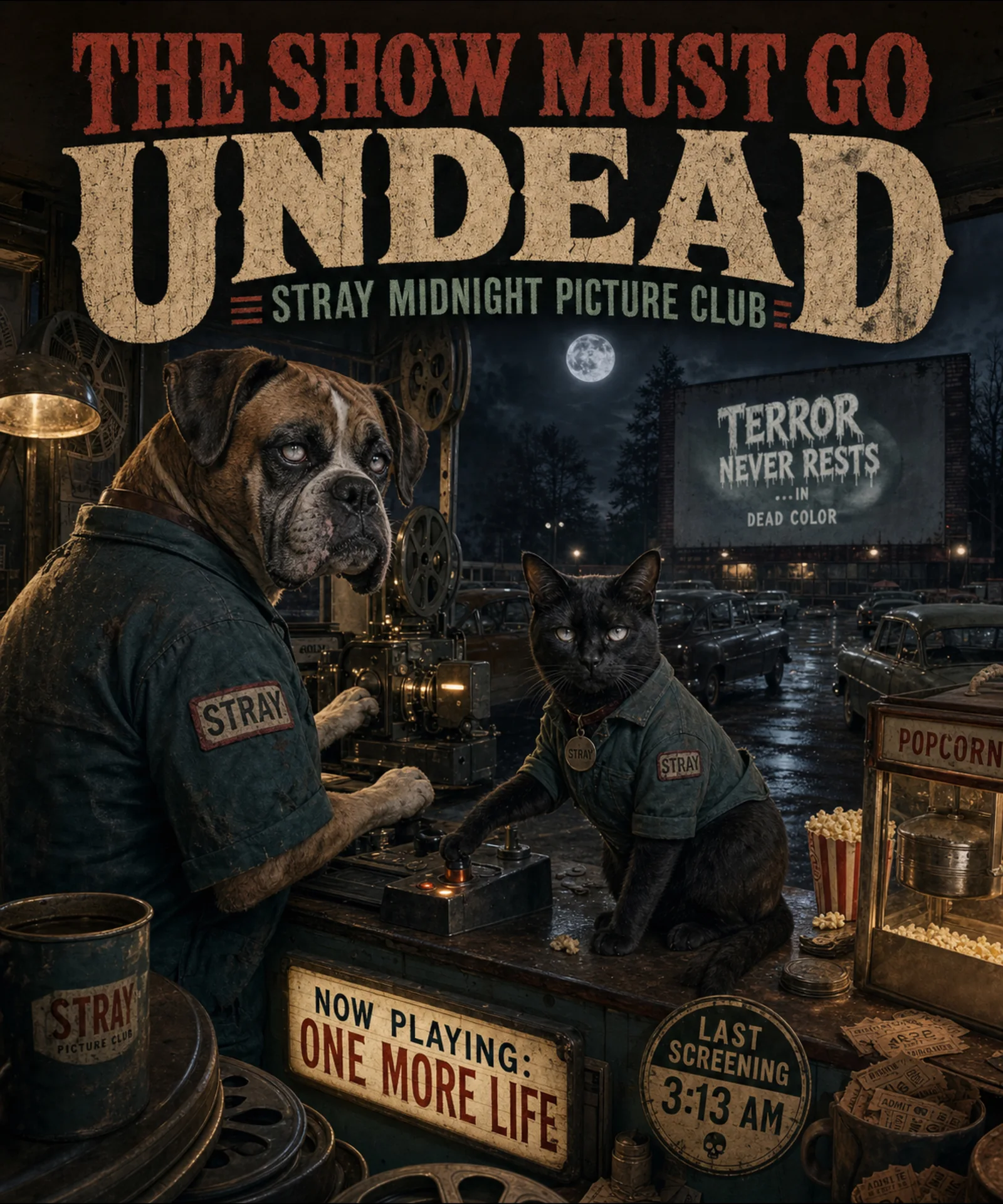 Boxer y gato Bombay zombis en autocinema abandonado