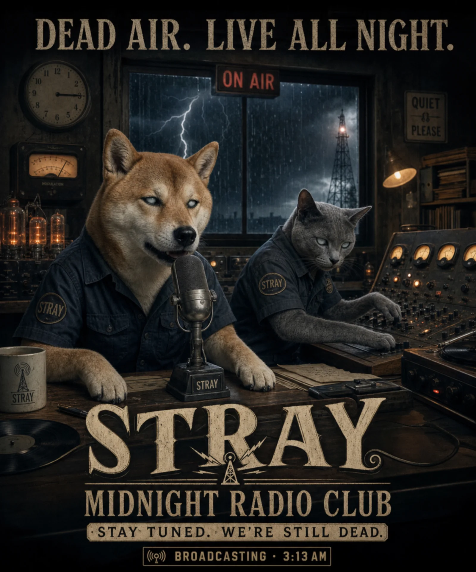 Shiba Inu and Russian Blue cat at an abandoned radio station