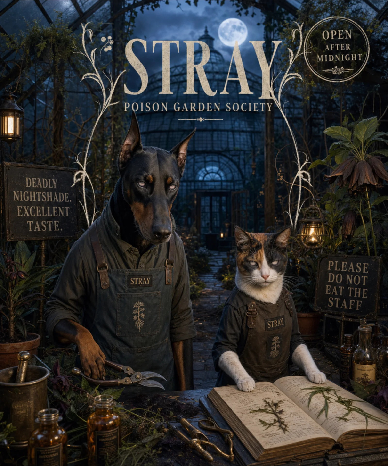 Doberman and Calico cat in a poisonous greenhouse