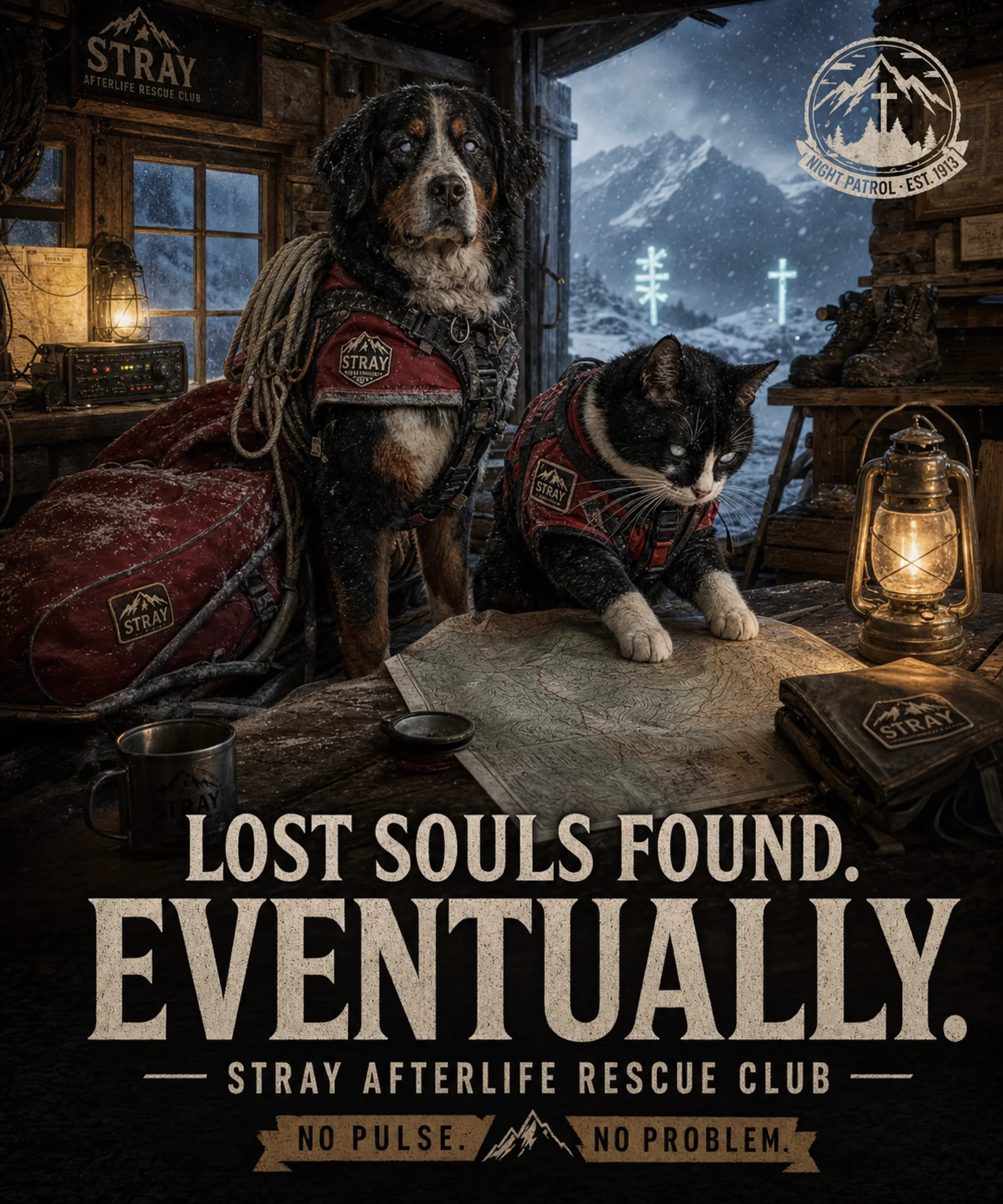 Bernese Mountain Dog and Tuxedo cat in a supernatural rescue brigade