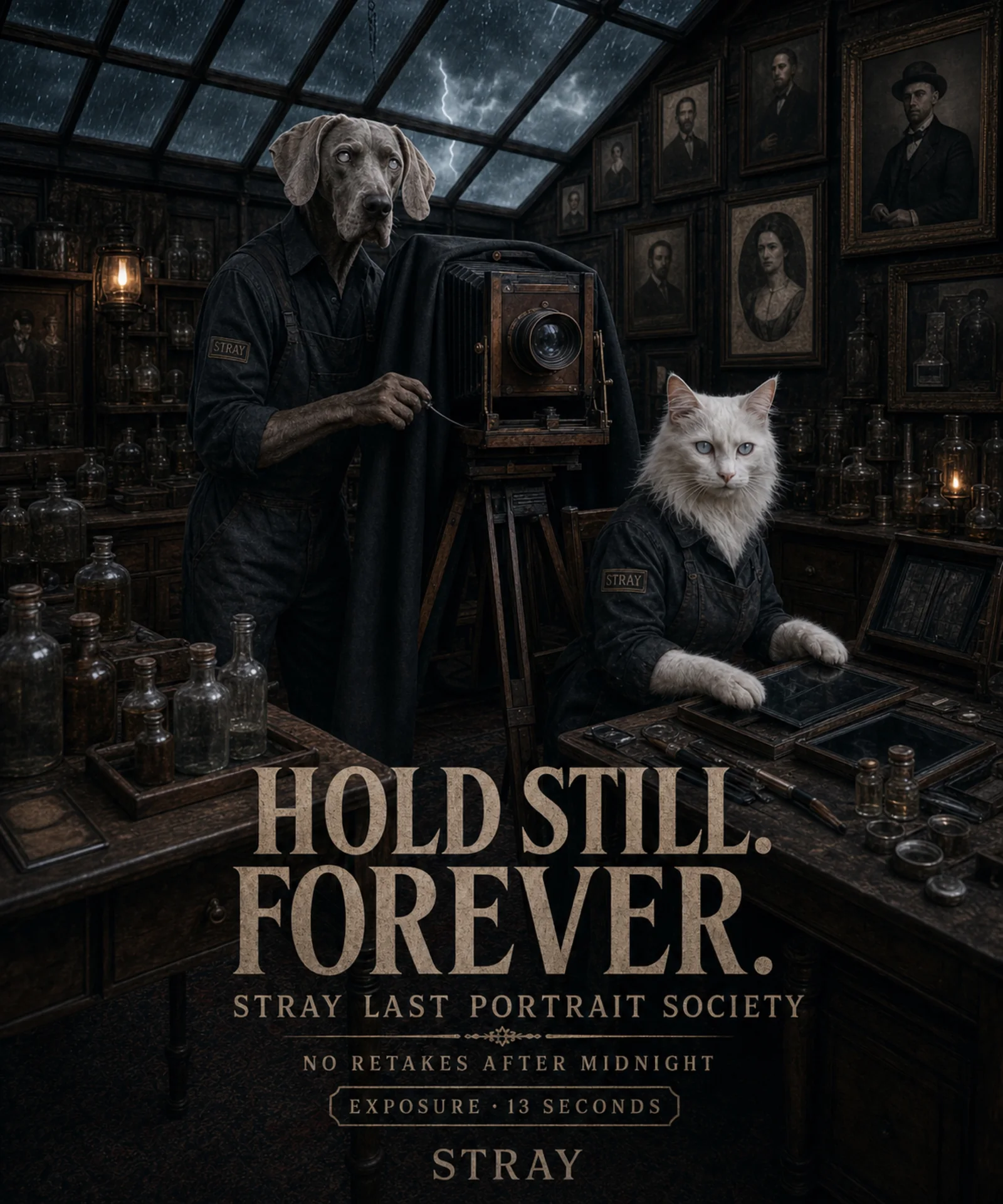Weimaraner and Turkish Angora cat in a Victorian photo studio