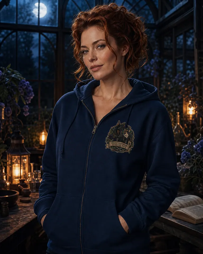 Woman wearing the STRAY Poison Garden Society hoodie, front view