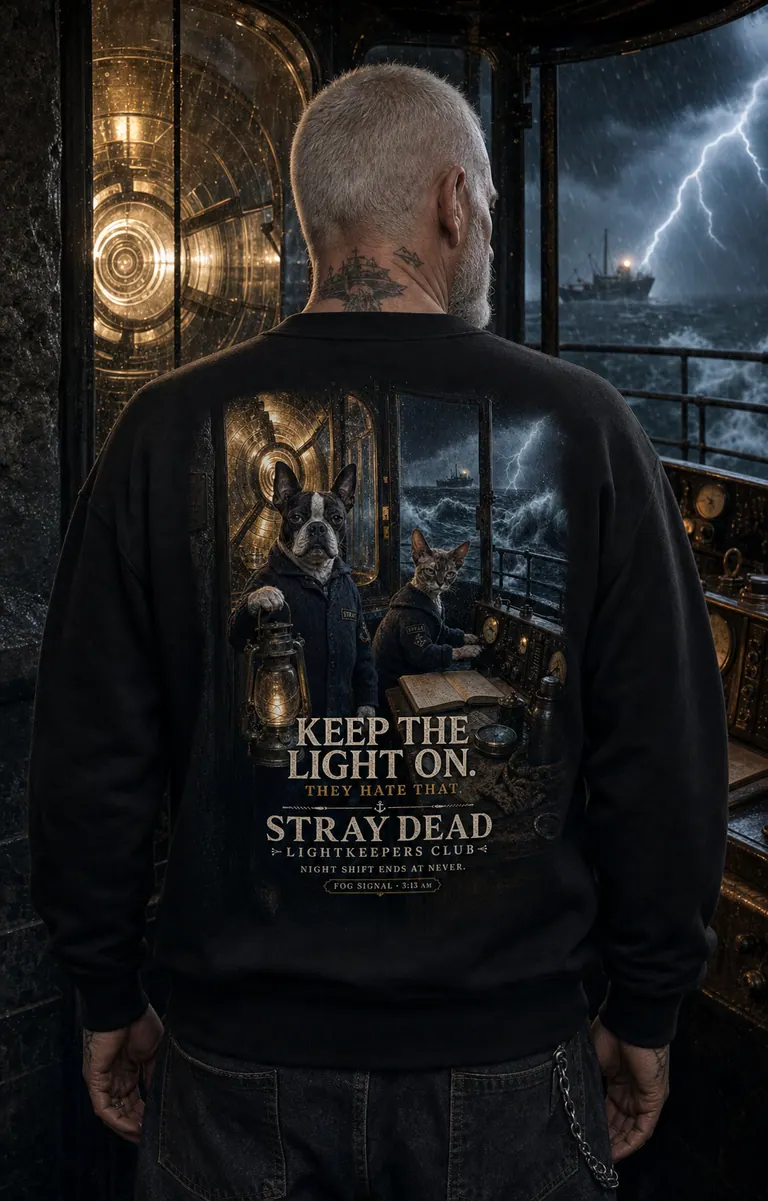 Man wearing the STRAY Dead Lightkeepers Club sweatshirt, back view