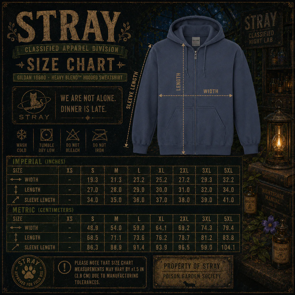 Tabla de tallas STRAY para hoodie con cierre Gildan 18600