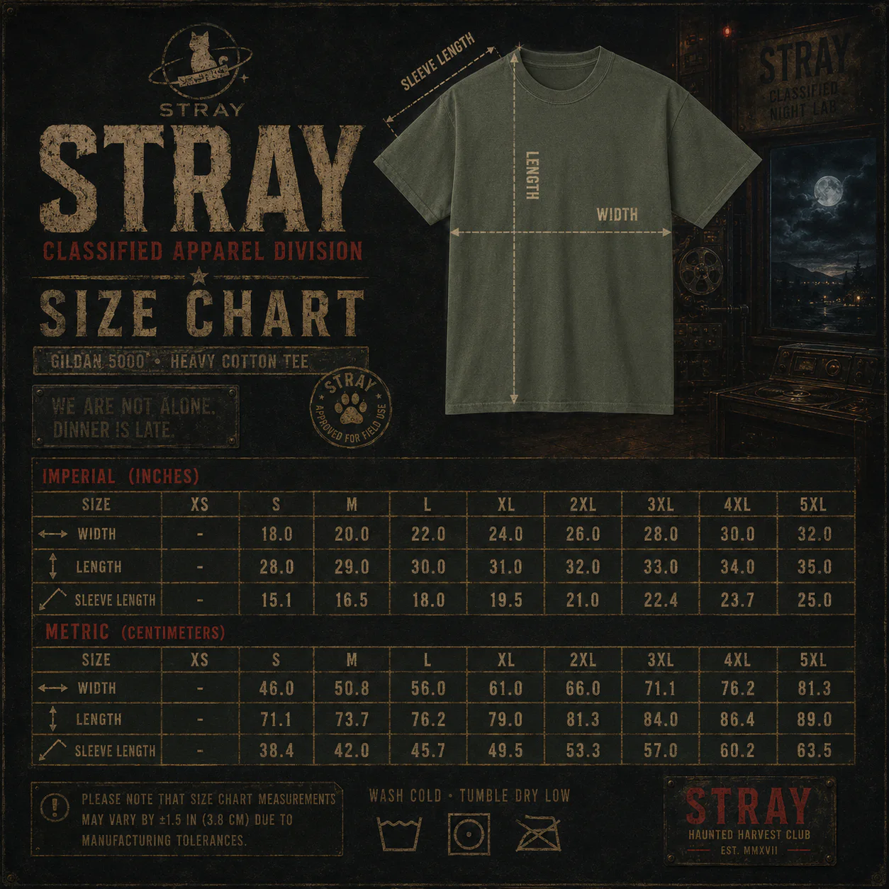 Tabla de tallas STRAY para camiseta Gildan 5000