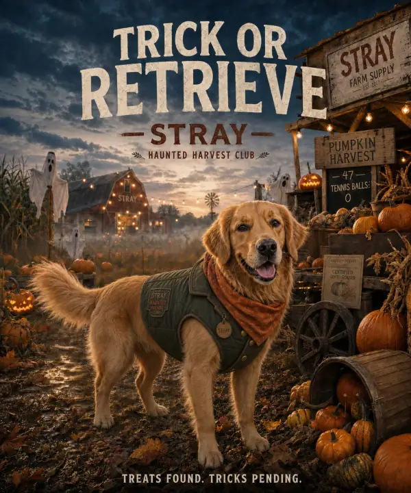 Golden Retriever at a haunted pumpkin farm