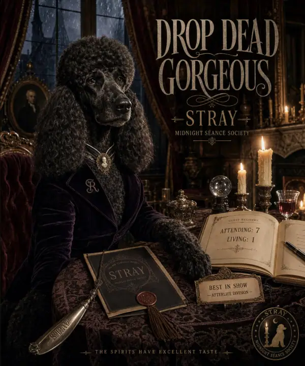 Poodle at a midnight séance society