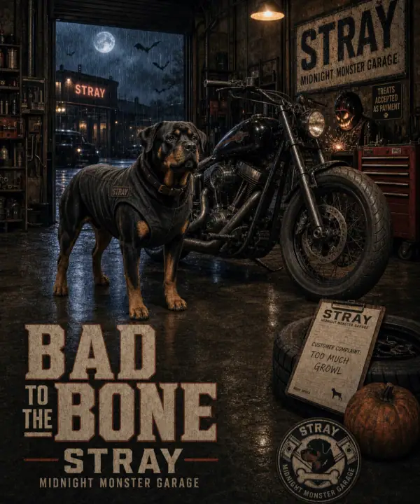 Rottweiler with a motorcycle in a midnight garage