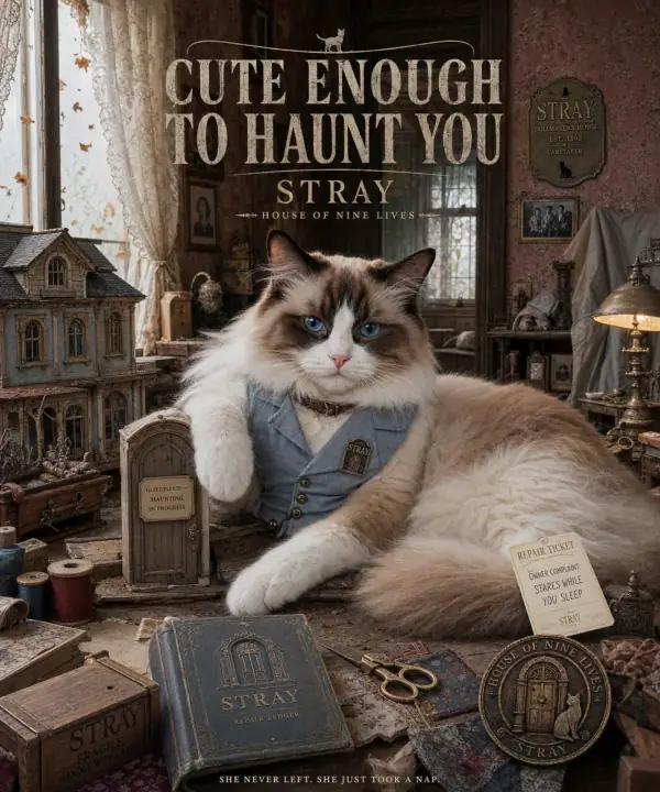Ragdoll cat in an abandoned dollhouse