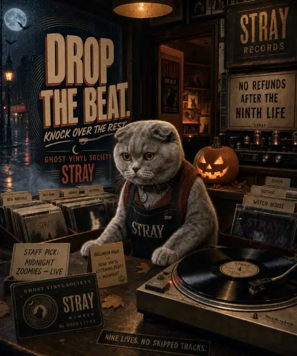 Scottish Fold in a Halloween record store