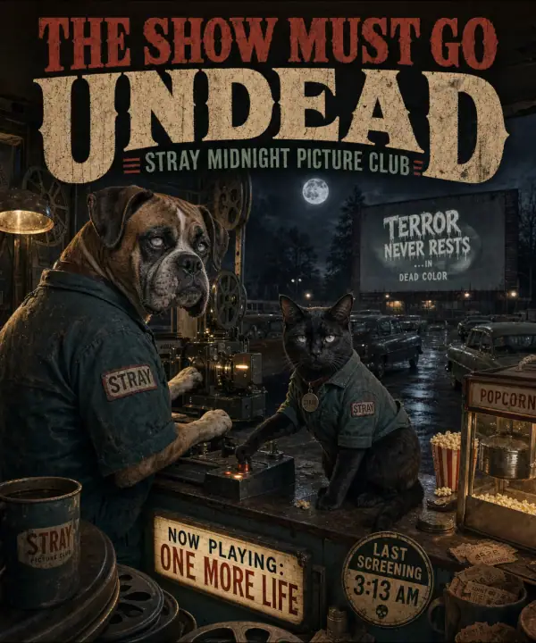 Zombie Boxer and Bombay cat at an abandoned drive-in theater