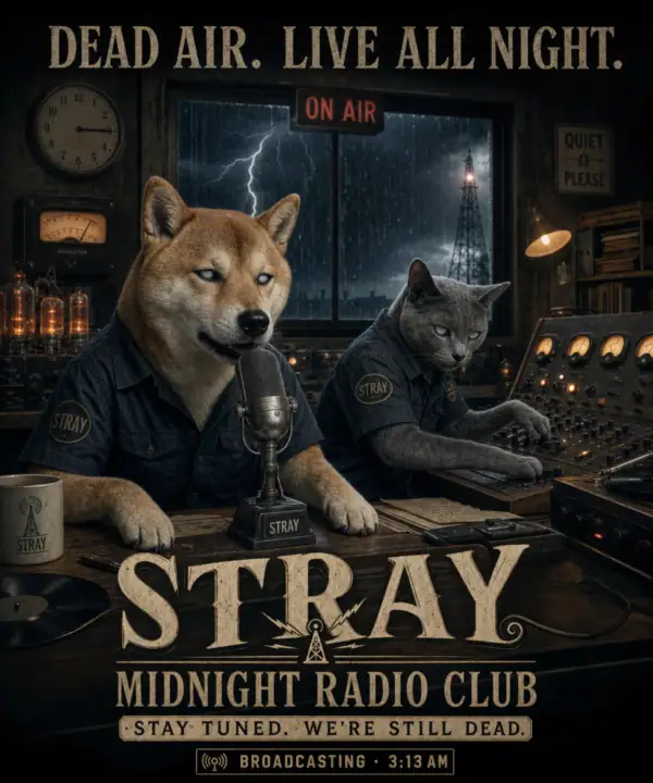 Shiba Inu and Russian Blue cat at an abandoned radio station