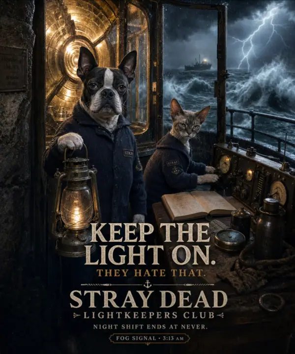 Boston Terrier and Devon Rex cat at a lighthouse during a storm