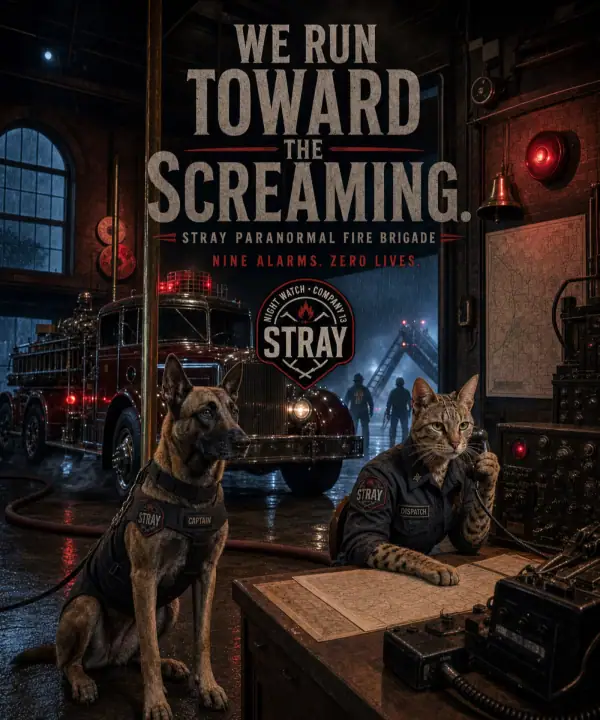 Belgian Malinois and Savannah cat at a paranormal firehouse