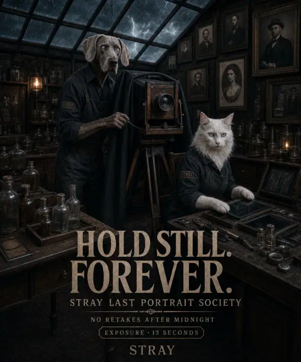 Weimaraner and Turkish Angora cat in a Victorian photo studio