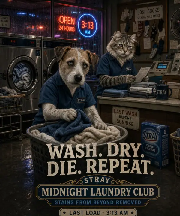 Jack Russell and American Curl cat in a midnight laundromat